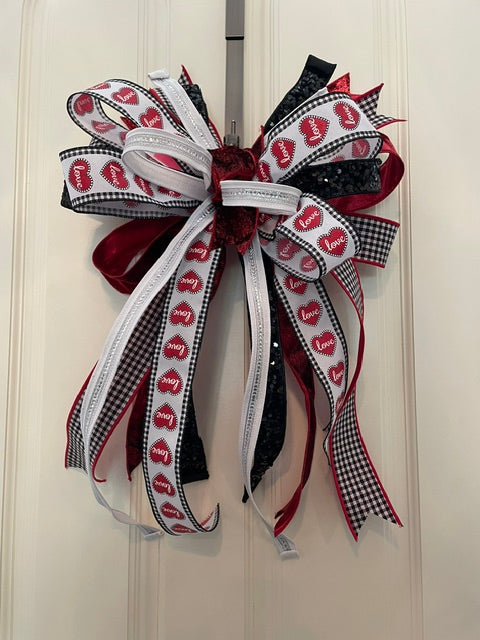 Red Lame, Black Sequin, White Sparkle, and "Love Hearts" Valentines Bow