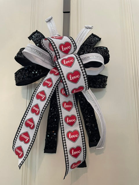 Black Sequin, White Sparkle, and "Love Hearts" Valentines Bow