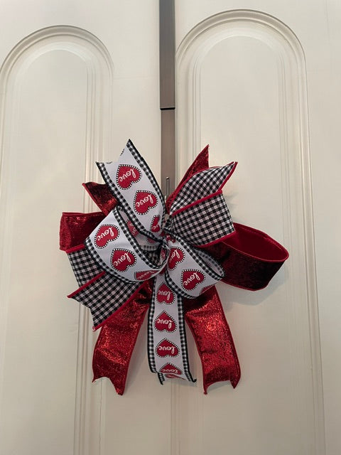 Red Lame, Black and White Check, and "Love Hearts" Valentines Bow