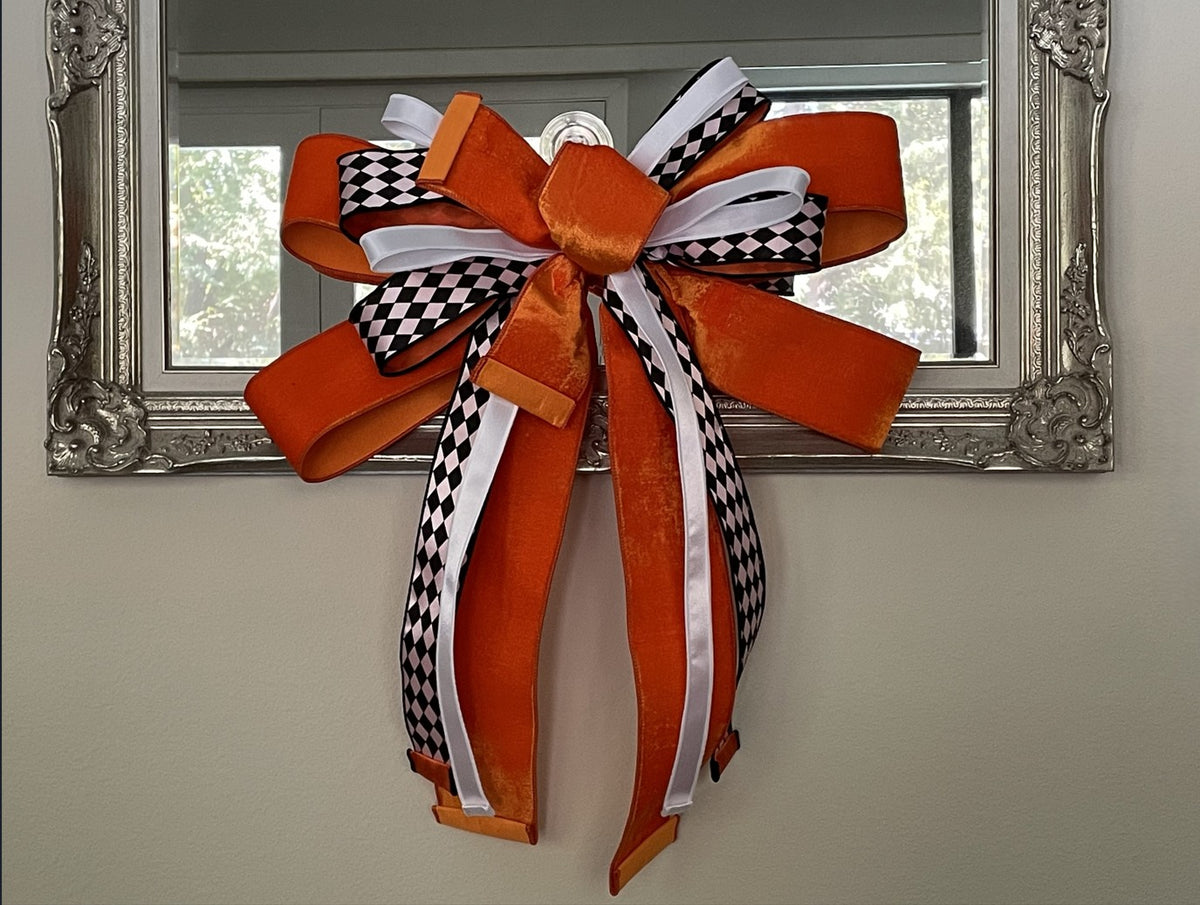 Luxurious Orange Velvet, Black & White Harlequin, and White Satin Bow