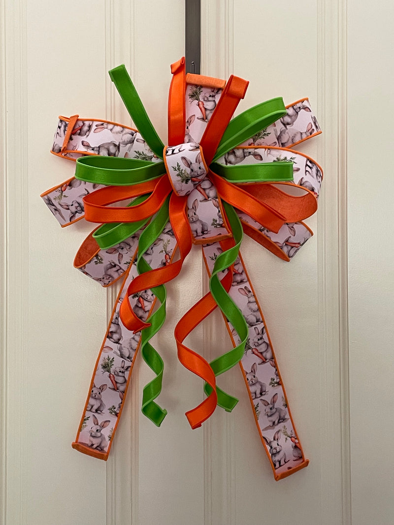 00_Easter Bow with Bunny, Lime Satin, and Orange satin Ribbons