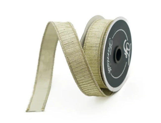 A roll of 1" pleated platinum metallic ribbon with the Farrisilk logo shown on the roll's flange on a neutral background
