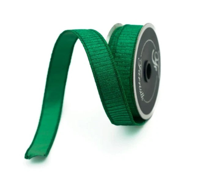 A roll of 1" pleated emerald metallic ribbon with the Farrisilk logo shown on the roll's flange on a neutral background