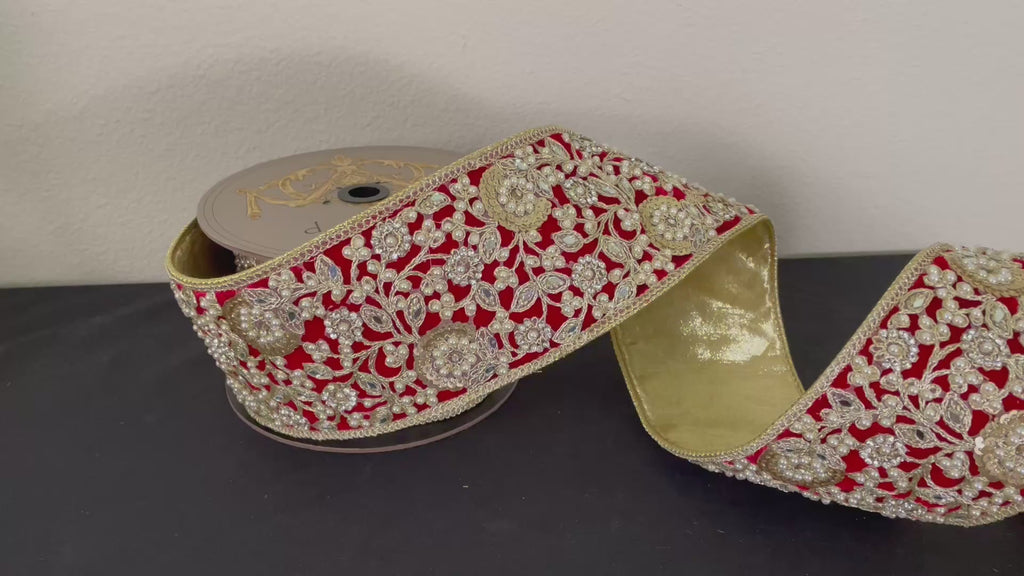 d. stevens 4" Red and Gold Heavily Embellished Ornate Ribbon