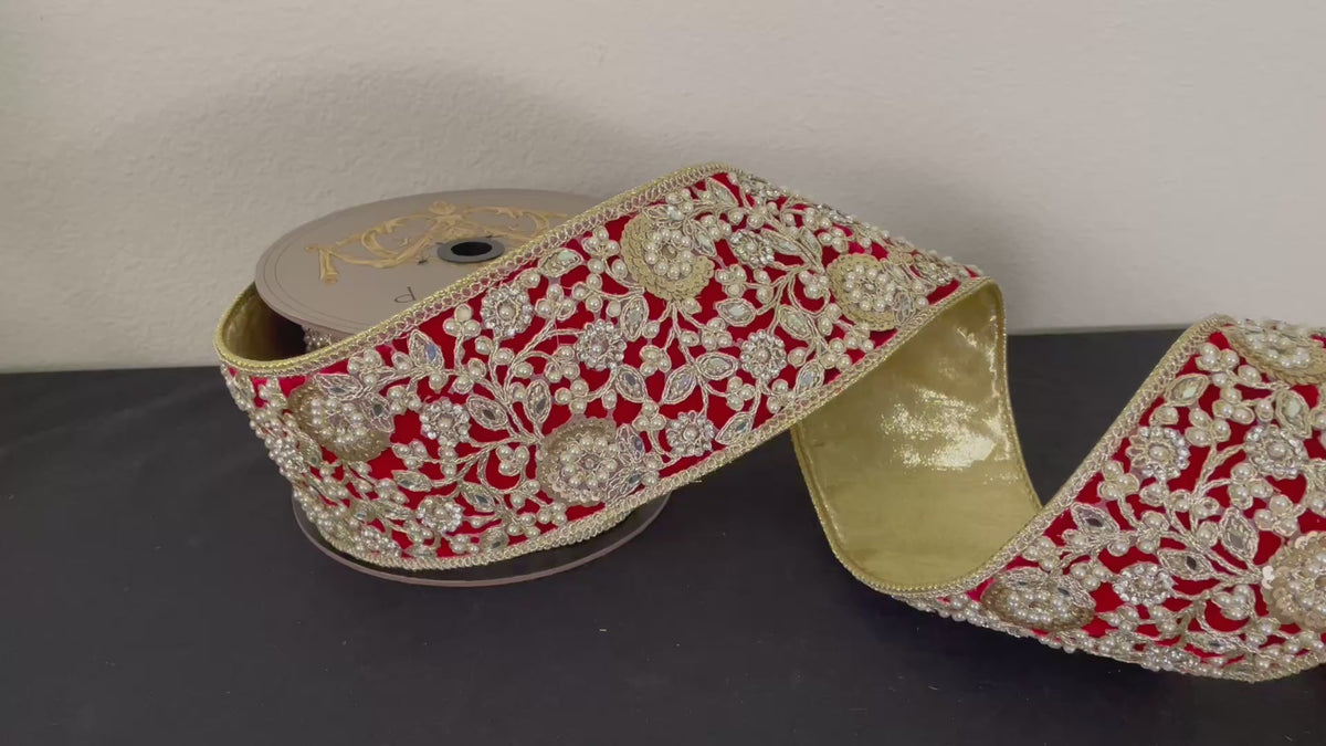 d. stevens 4" Red and Gold Heavily Embellished Ornate Ribbon