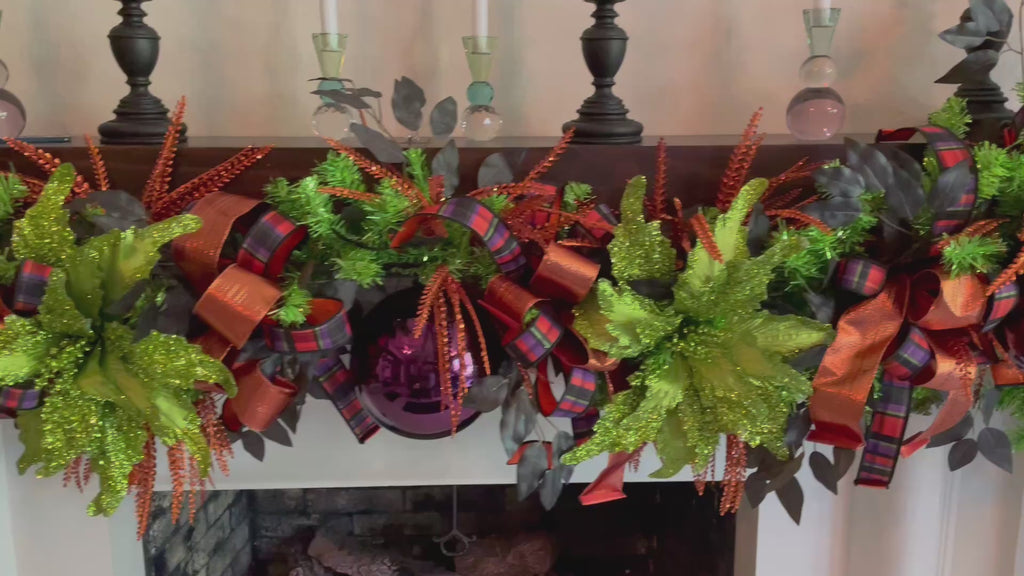 Sparkling Lime Green, Plum, Coppery Orange, and Black Halloween Garland