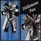 Photo and video montage of an extra large bow comprised for 5 different black and white ribbons hanging on a blue background.