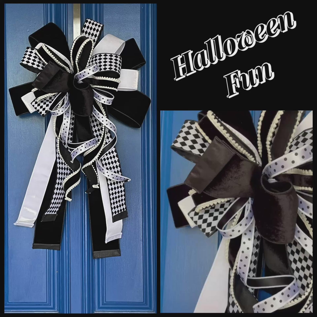 Photo and video montage of an extra large bow comprised for 5 different black and white ribbons hanging on a blue background.